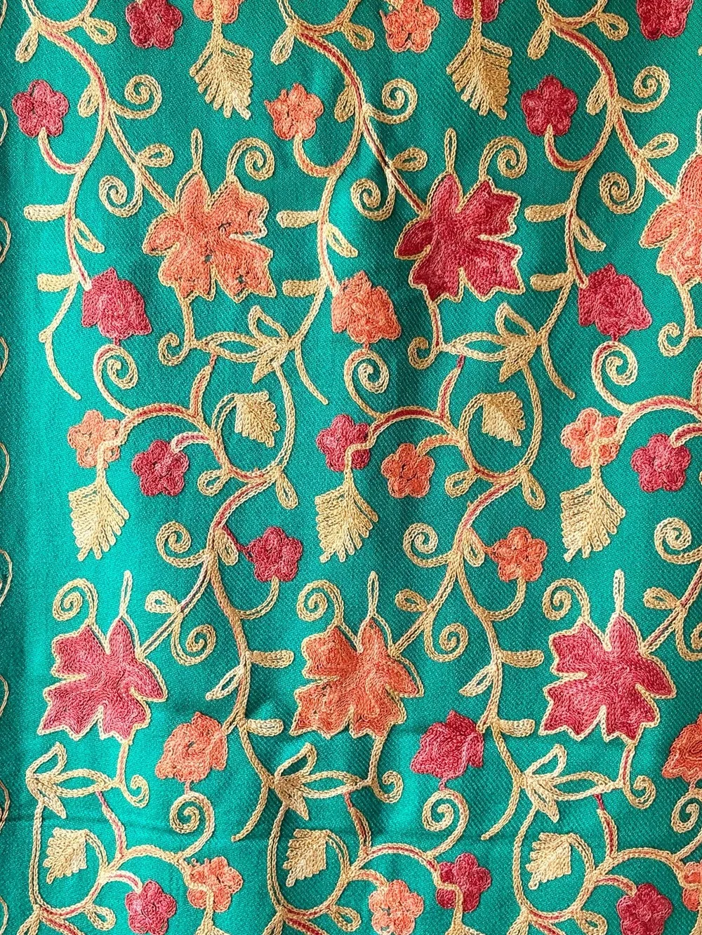 Green  Embroidered Large Scarf Shawl Wrap with Fringe Fall Leaf Motif Green